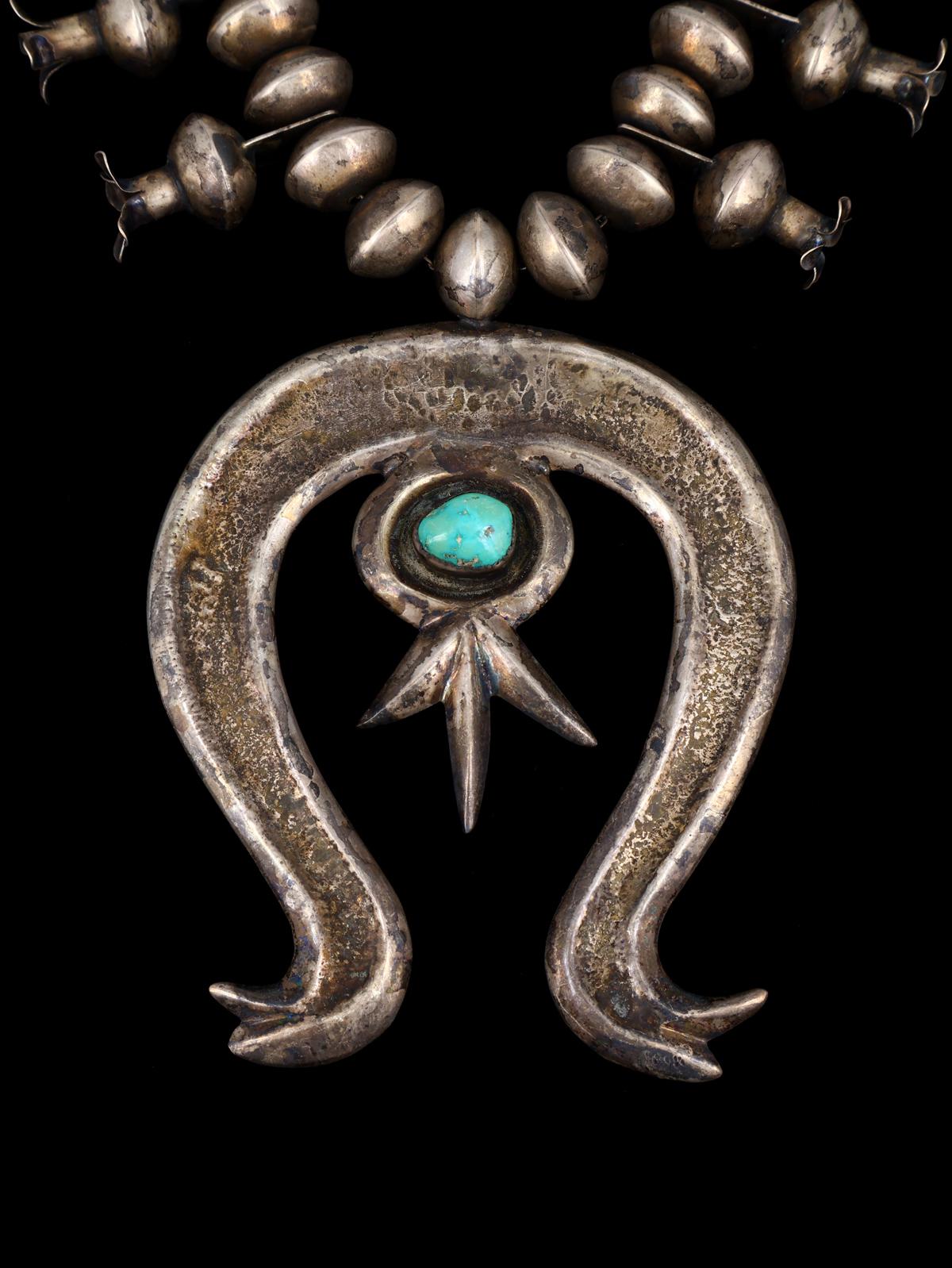 Old Native American Turquoise Sterling Silver Squash Blossom Necklace - PuebloDirect.com