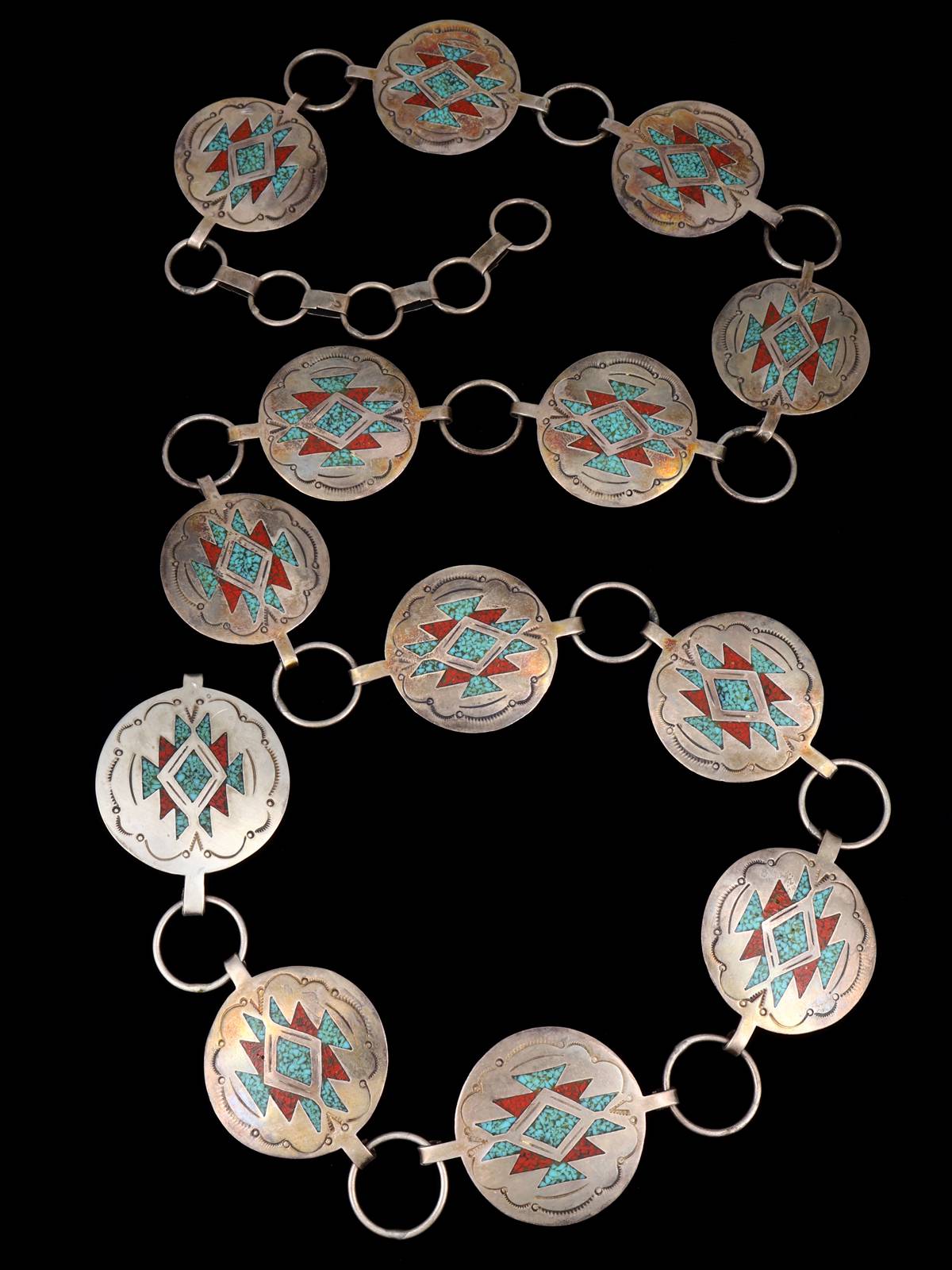 Estate Vintage Navajo Sterling Silver Chip Inlay Concho Belt