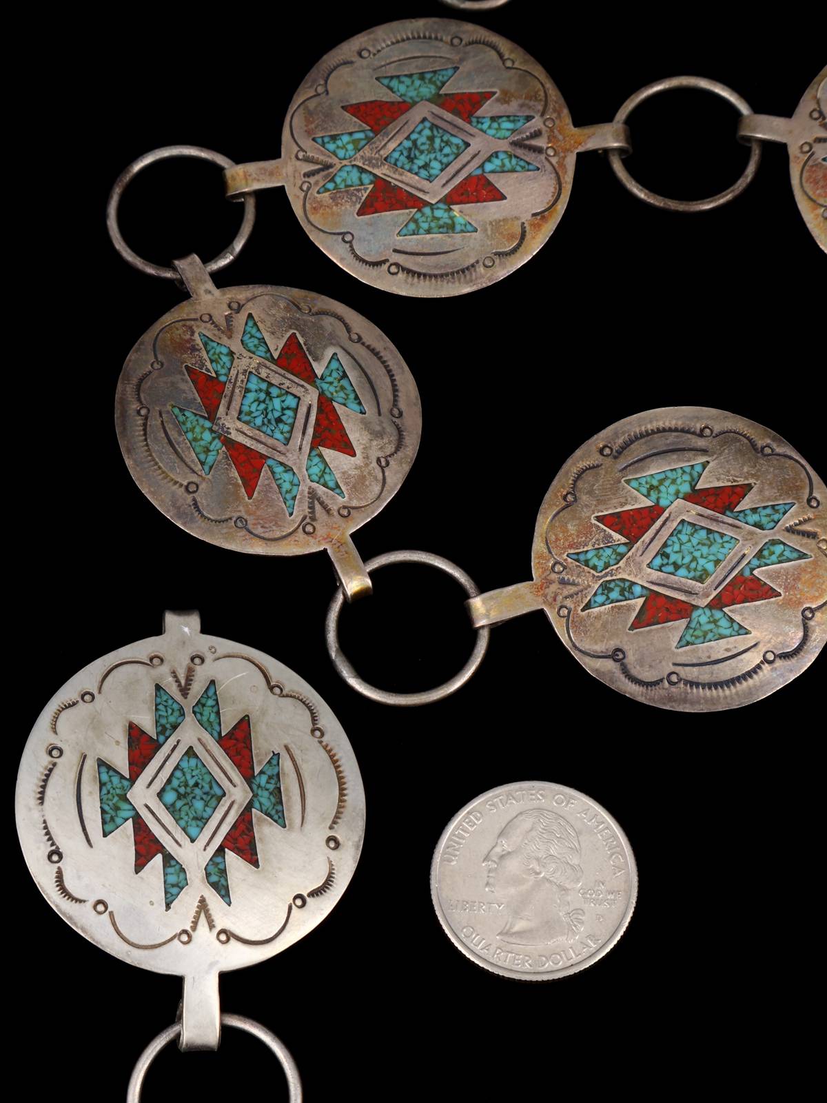 Estate Vintage Navajo Sterling Silver Chip Inlay Concho Belt