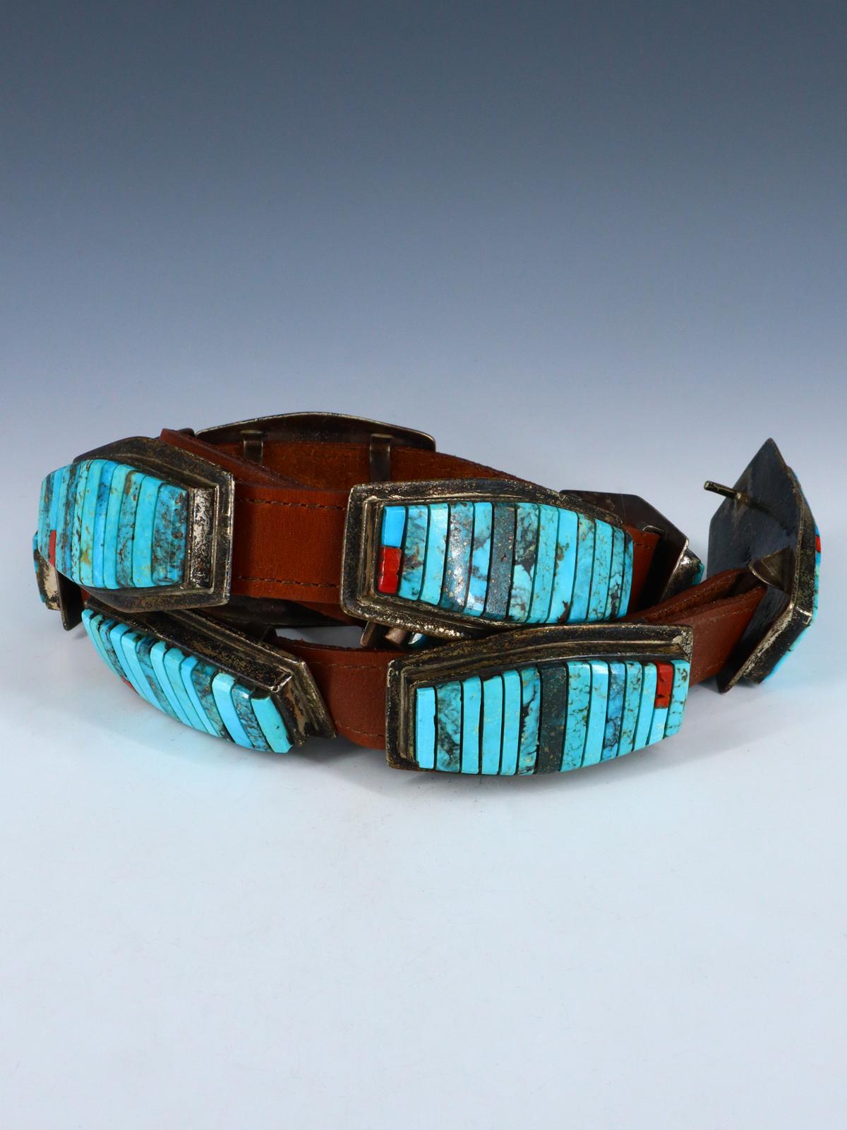 Estate Vintage Native American Sterling Silver Turquoise Inlay Concho Belt