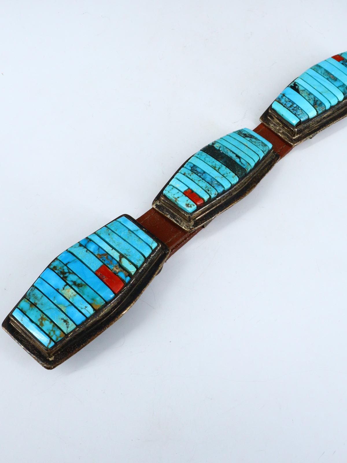 Estate Vintage Native American Sterling Silver Turquoise Inlay Concho Belt