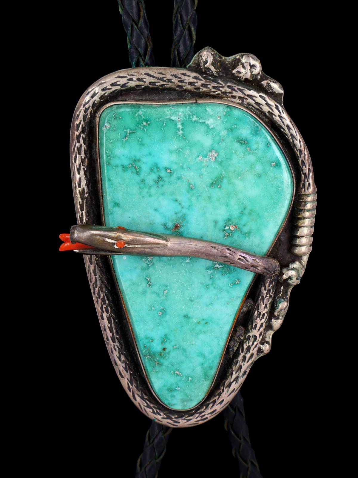 Old Vintage Navajo Jewelry Sterling Silver Turquoise Snake Bolo Tie - PuebloDirect.com