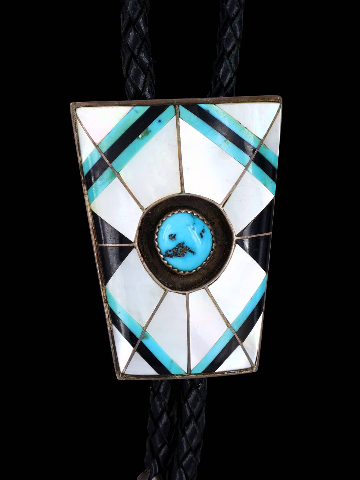 Vintage Navajo Inlay Jewelry Sterling Silver Bolo Tie - PuebloDirect.com