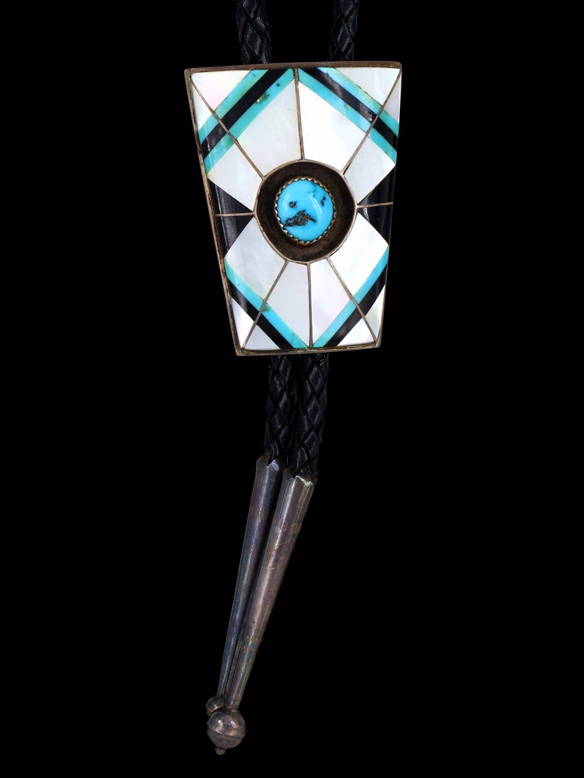 Vintage Navajo Inlay Jewelry Sterling Silver Bolo Tie - PuebloDirect.com