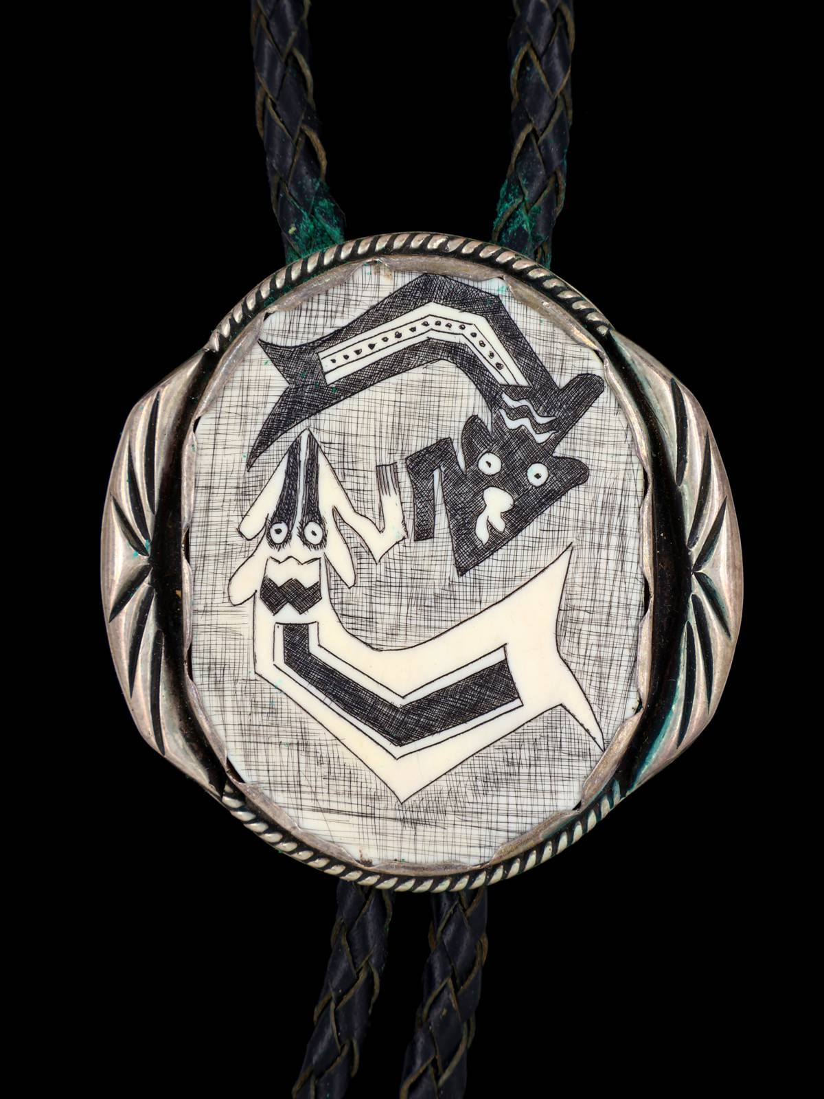 Vintage Navajo Jewelry Sterling Silver Scrimshaw Bolo Tie - PuebloDirect.com