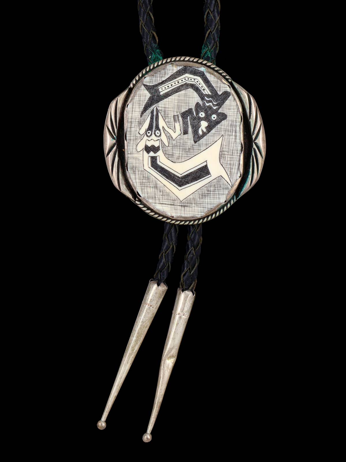 Vintage Navajo Jewelry Sterling Silver Scrimshaw Bolo Tie - PuebloDirect.com