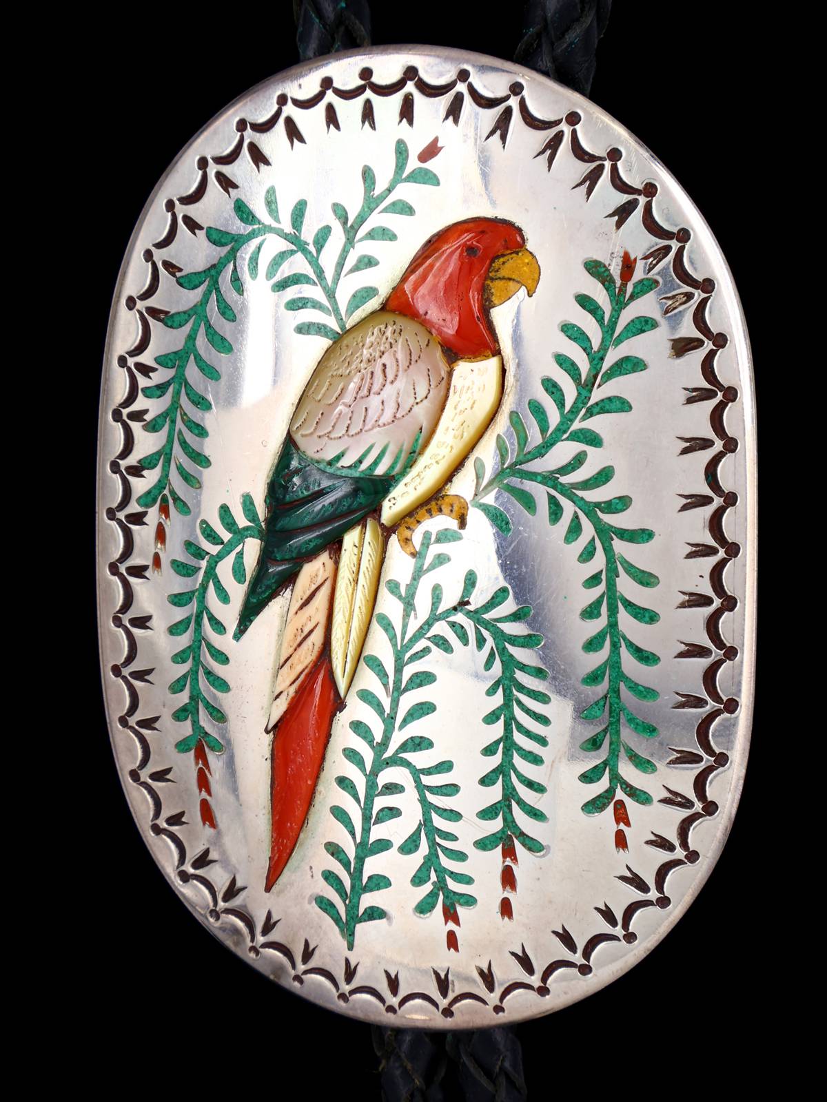 Old Vintage Native Jewelry Sterling Silver Inlay Parrot Bolo Tie - PuebloDirect.com