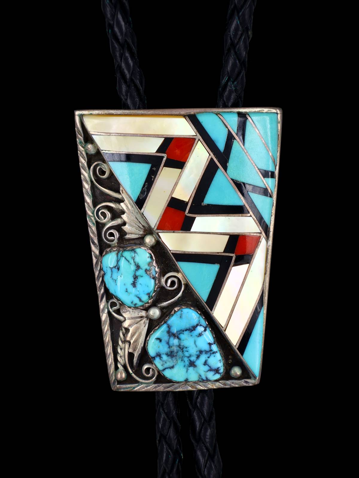 Vintage Navajo Jewelry Sterling Silver Inlay Bolo Tie - PuebloDirect.com