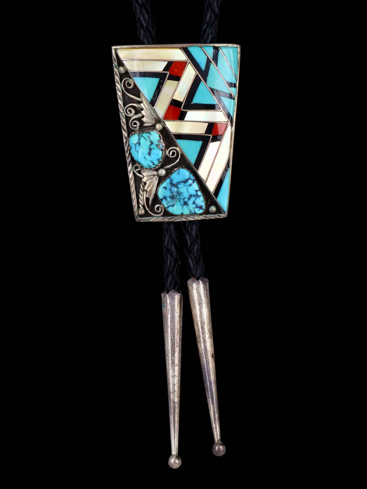 Vintage Navajo Jewelry Sterling Silver Inlay Bolo Tie - PuebloDirect.com