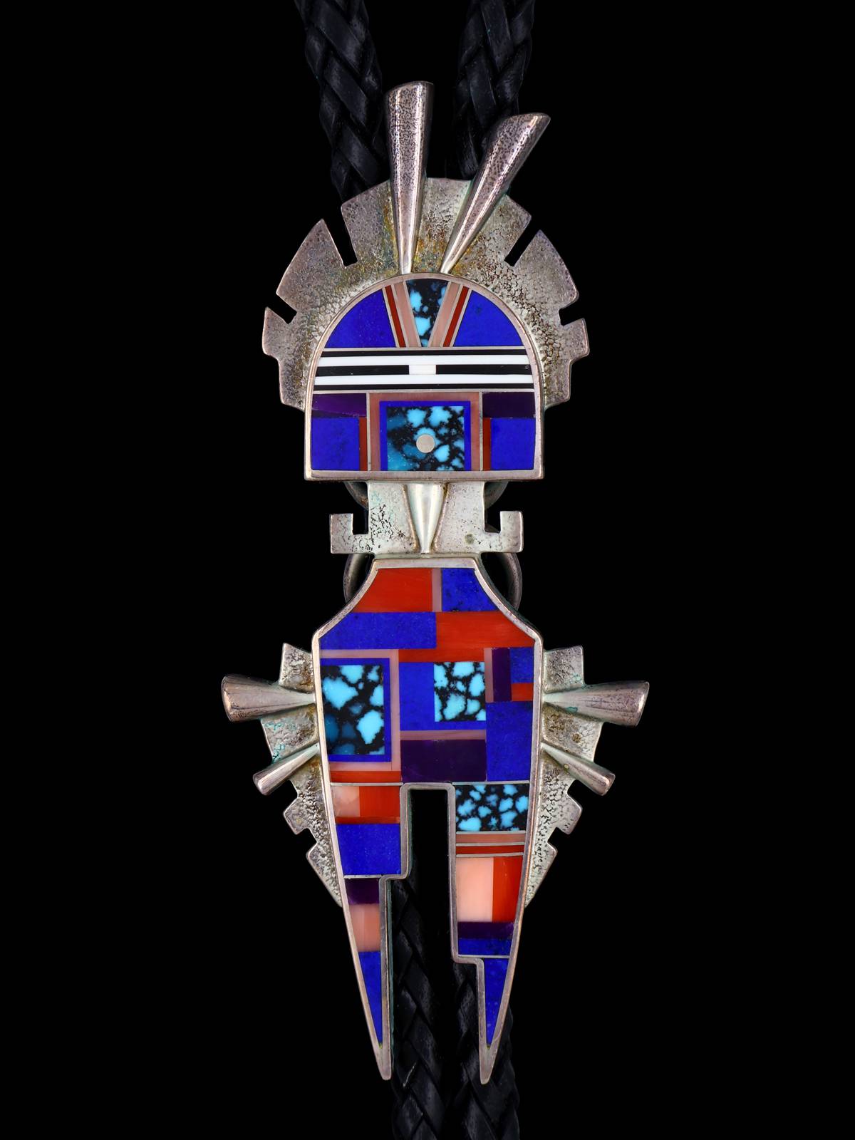 Vintage Navajo Inlay Jewelry Sterling Silver Yei Bolo Tie - PuebloDirect.com