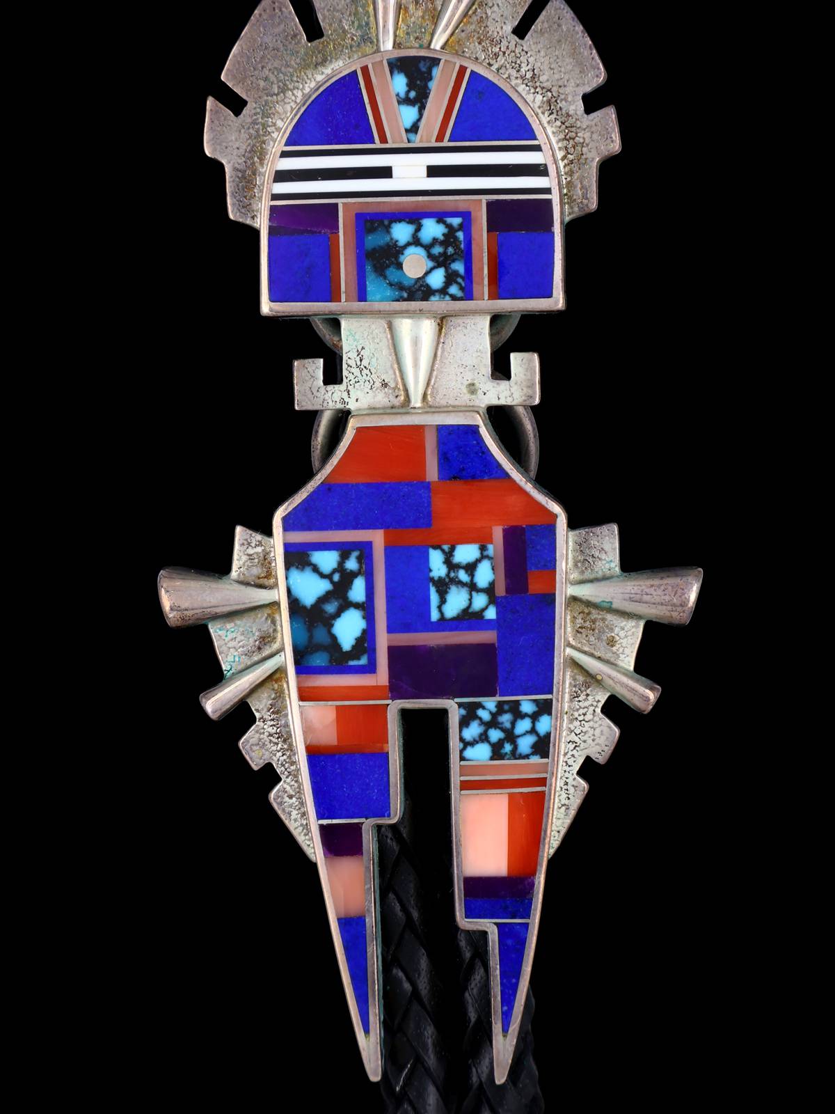 Vintage Navajo Inlay Jewelry Sterling Silver Yei Bolo Tie - PuebloDirect.com