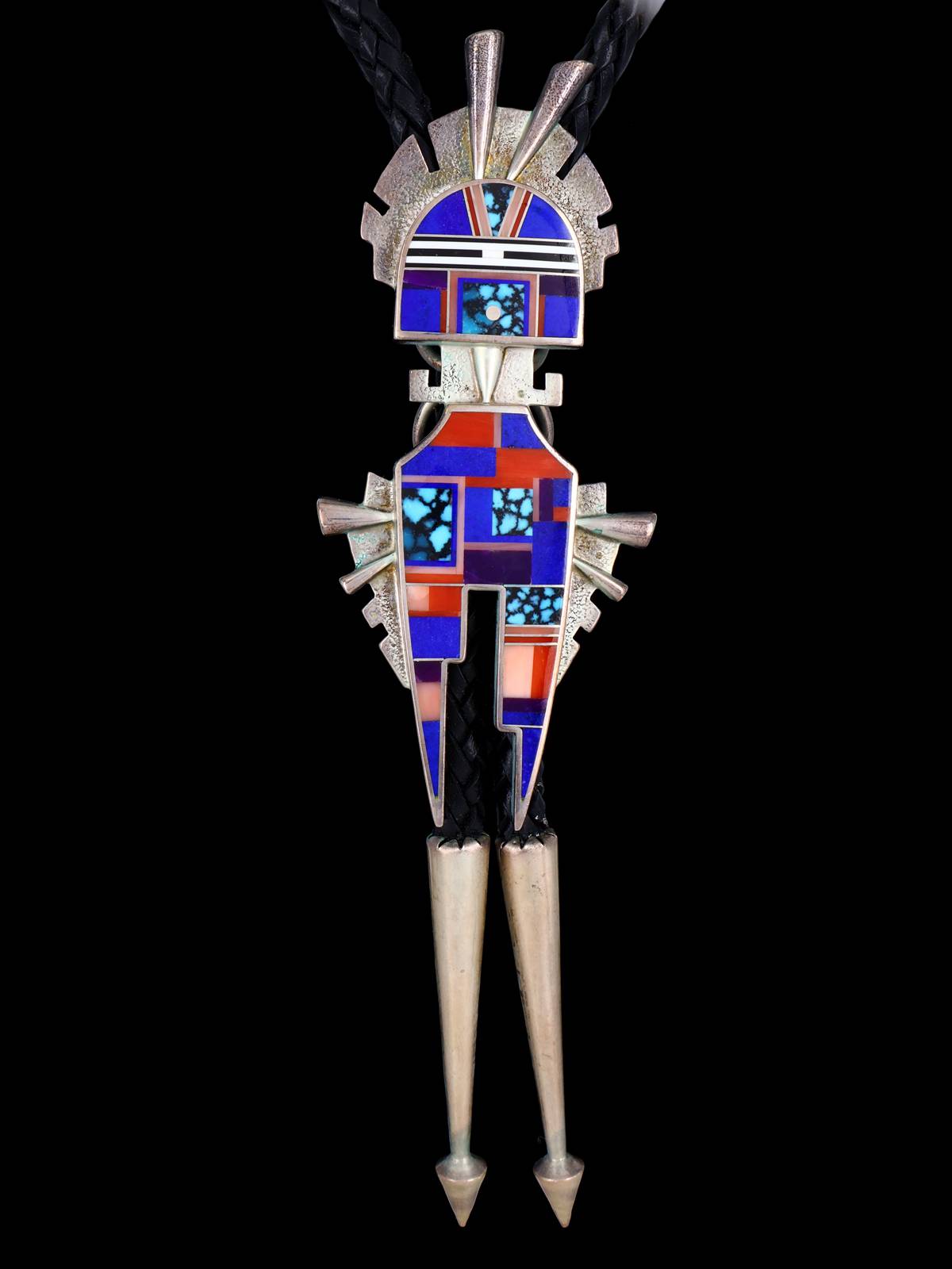 Vintage Navajo Inlay Jewelry Sterling Silver Yei Bolo Tie - PuebloDirect.com