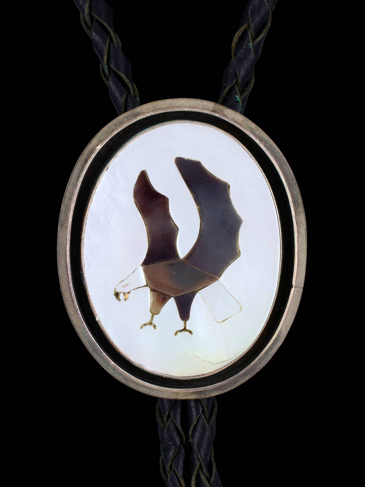 Old Vintage Native American Jewelry Sterling Silver Inlay Eagle Bolo Tie - PuebloDirect.com