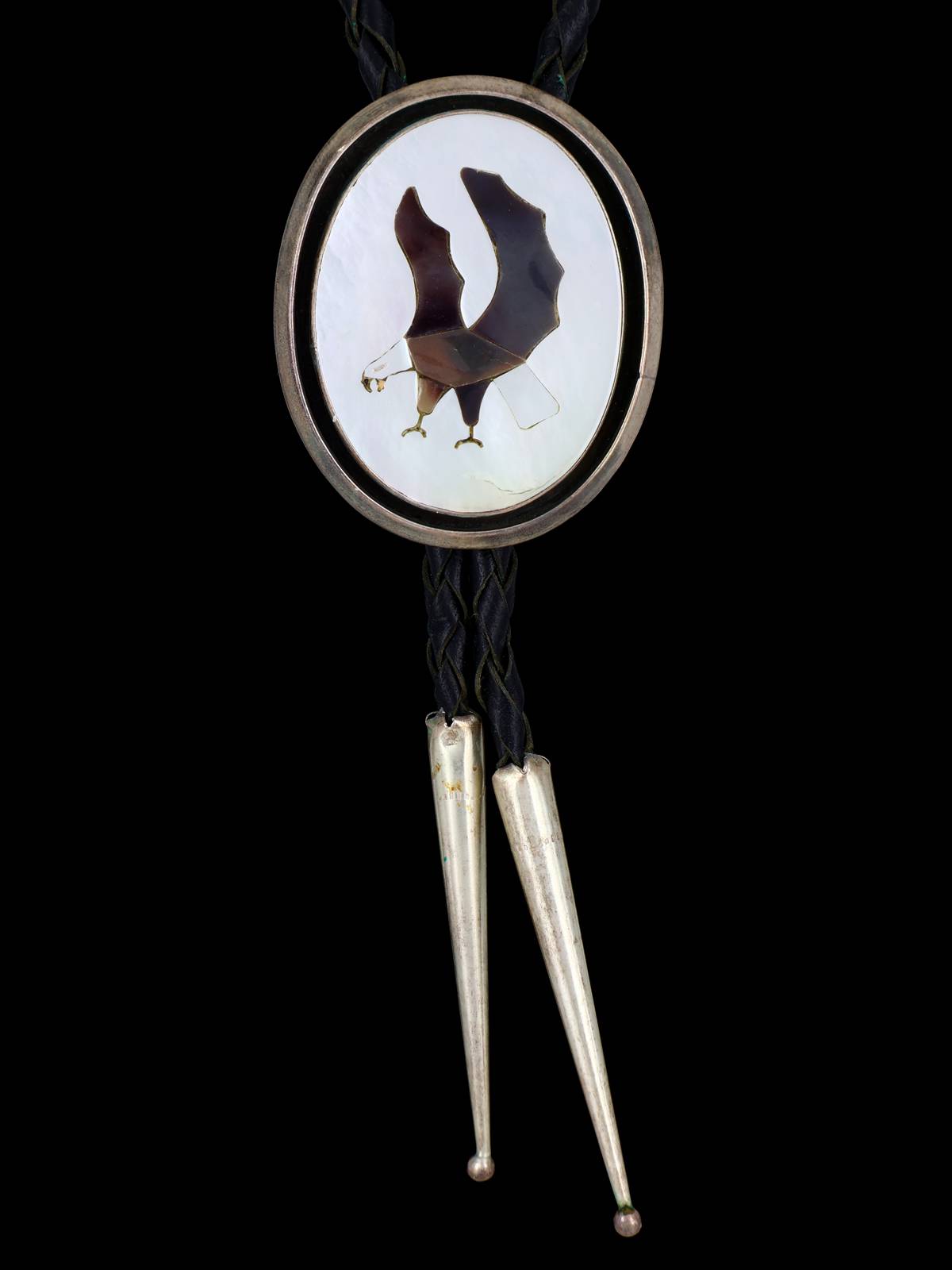 Old Vintage Native American Jewelry Sterling Silver Inlay Eagle Bolo Tie - PuebloDirect.com