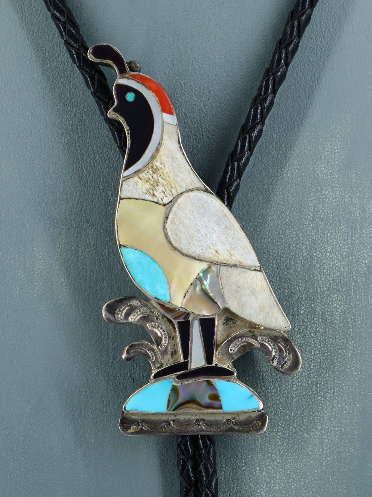 Vintage Estate Zuni Pueblo Sterling Silver Inlaid Quail Bolo Tie - PuebloDirect.com