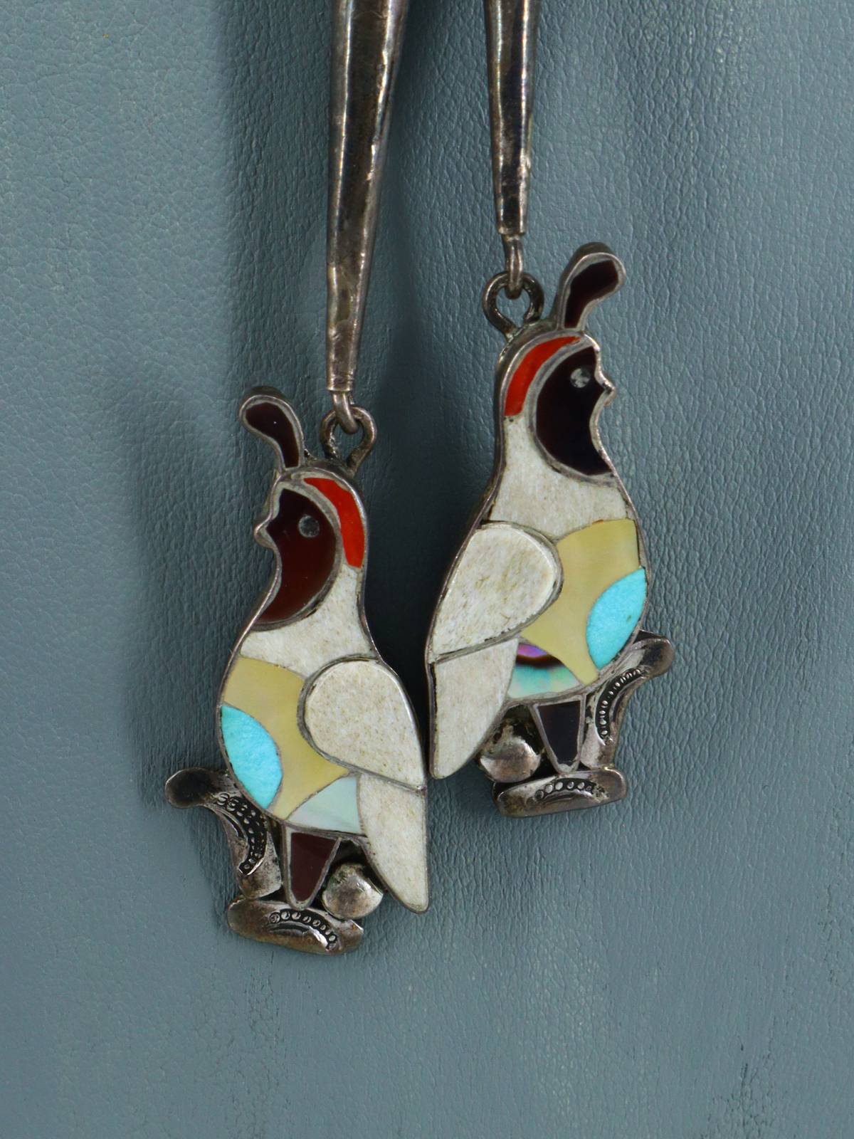 Vintage Estate Zuni Pueblo Sterling Silver Inlaid Quail Bolo Tie - PuebloDirect.com