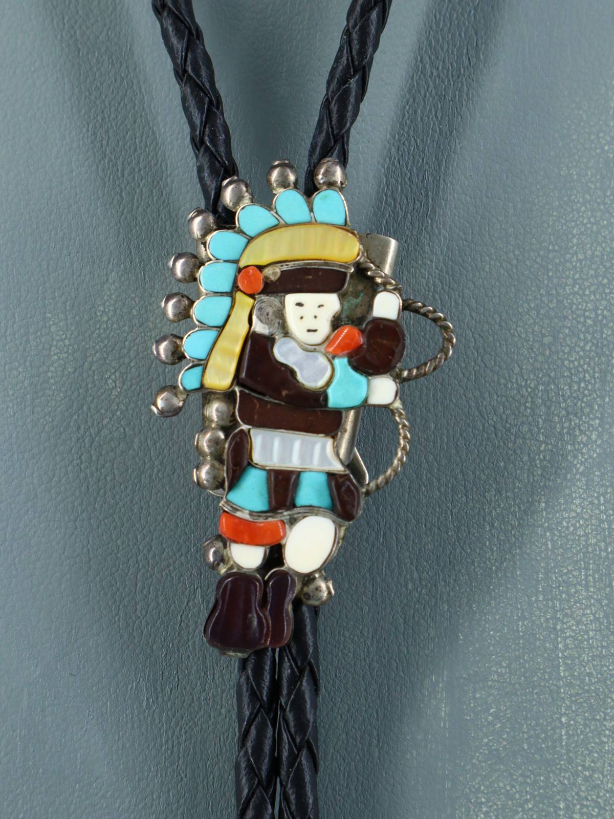 Old Vintage Zuni Jewelry Sterling Silver Inlay Rope Dancer Bolo Tie - PuebloDirect.com