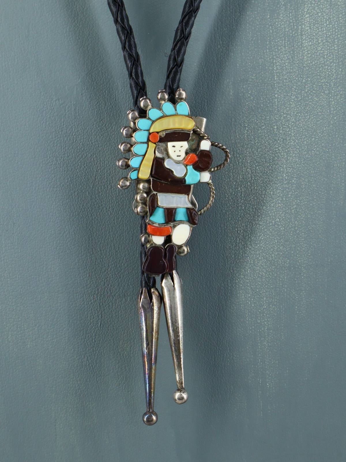 Old Vintage Zuni Jewelry Sterling Silver Inlay Rope Dancer Bolo Tie - PuebloDirect.com