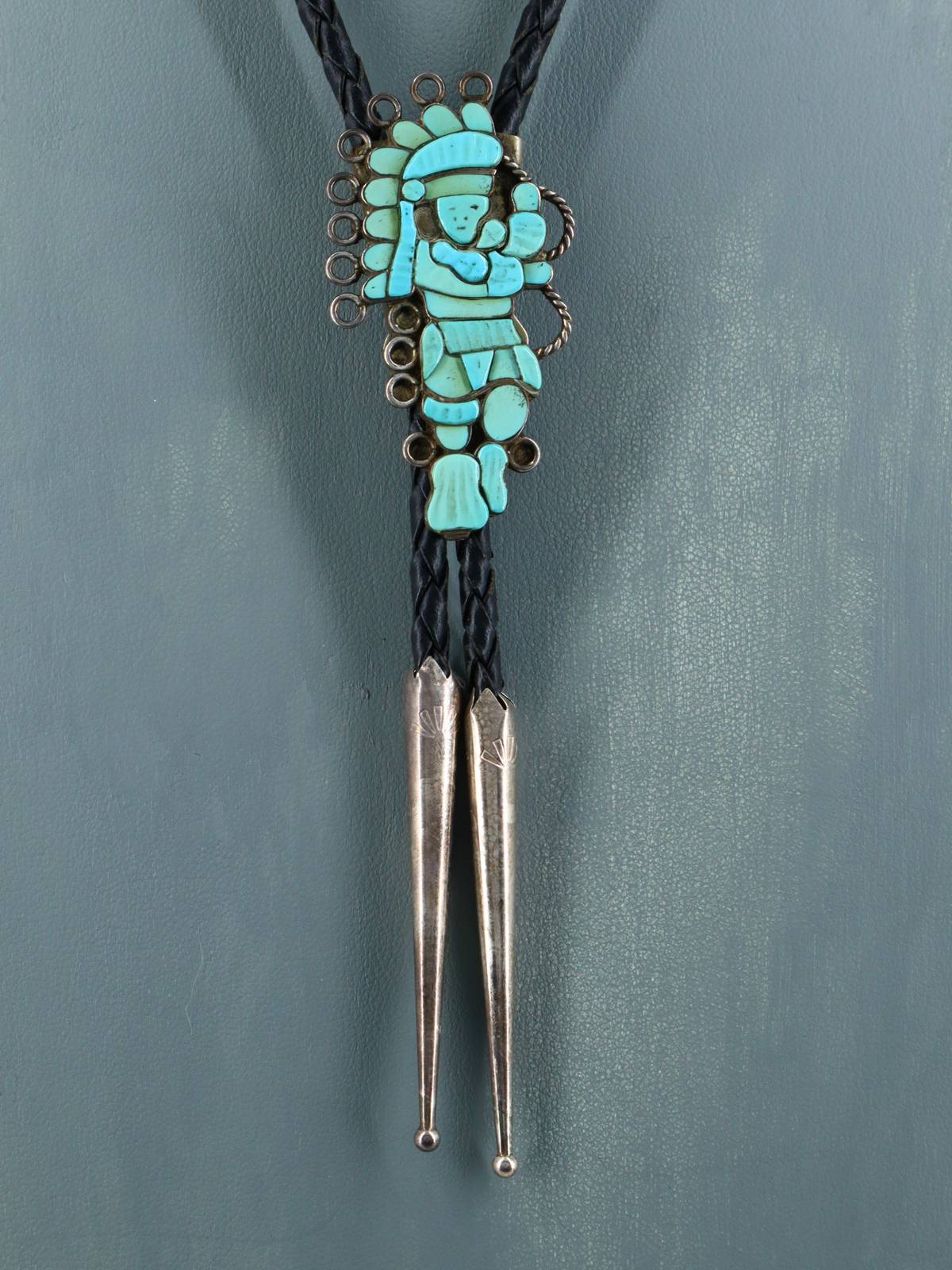 Old Vintage Zuni Jewelry Sterling Silver Inlay Hoop Dancer Bolo Tie