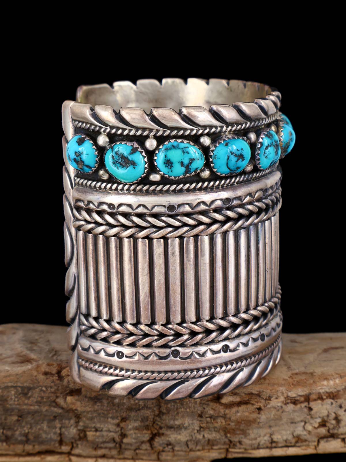 Vintage Navajo Heavy Sterling Silver Turquoise Cuff Bracelet - PuebloDirect.com