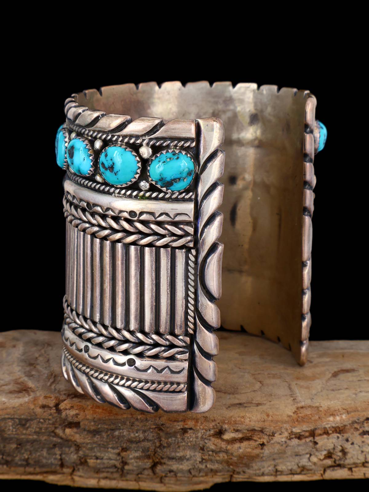 Vintage Navajo Heavy Sterling Silver Turquoise Cuff Bracelet - PuebloDirect.com