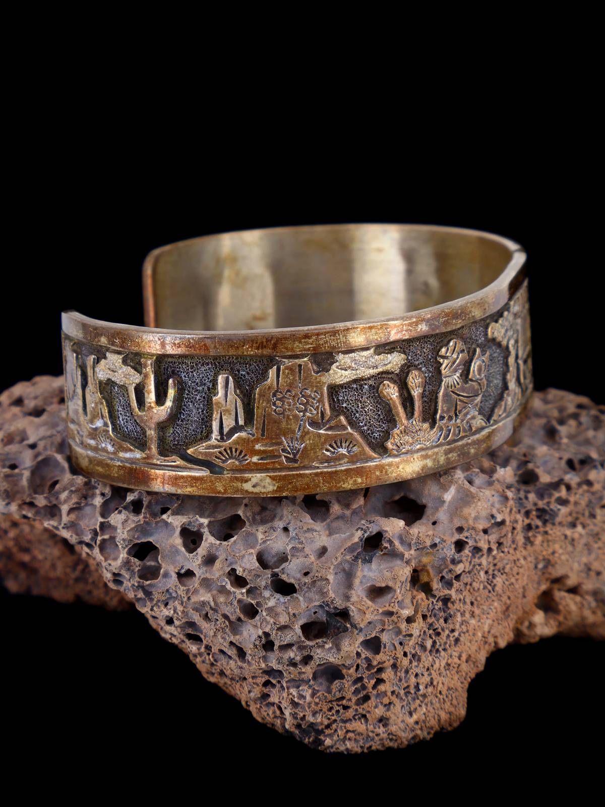 Vintage Navajo Sterling Silver Storyteller Overlay Cuff Bracelet