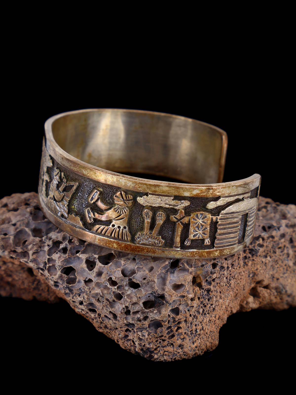Vintage Navajo Sterling Silver Storyteller Overlay Cuff Bracelet