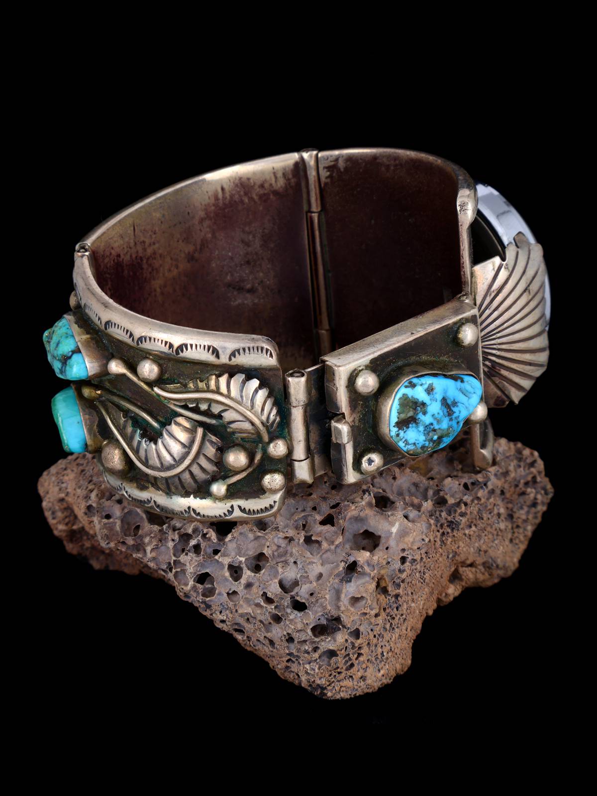 Estate Navajo Jewelry Heavy Turquoise Sterling Silver Watch - PuebloDirect.com