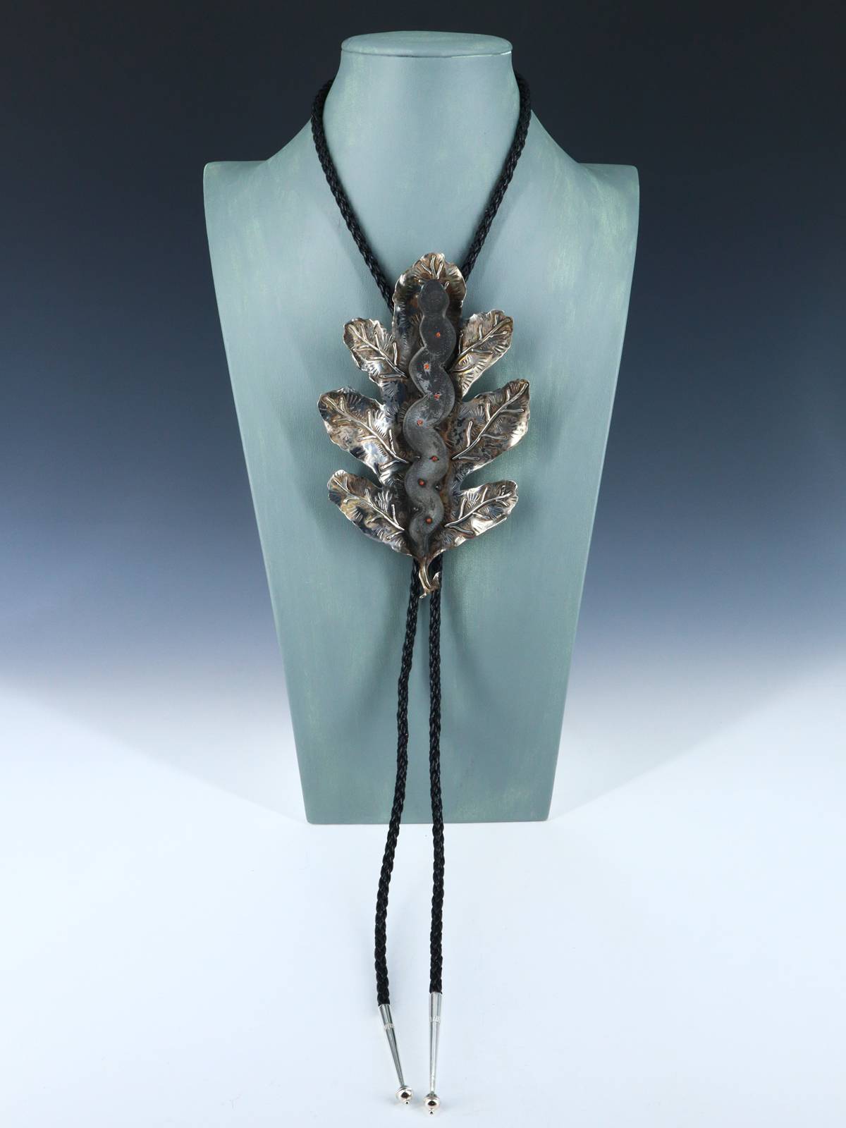 Vintage Jewelry Large Sterling Silver Snake On Leaf Bolo Tie