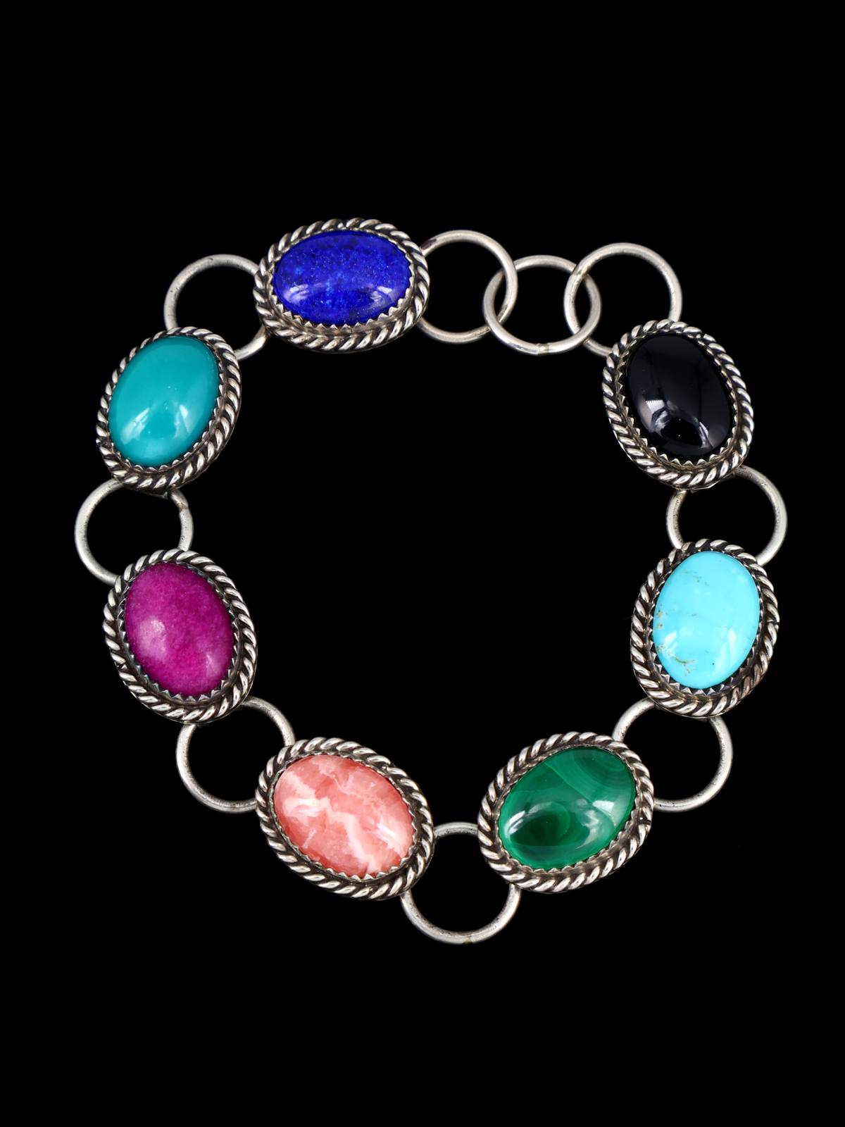 Estate Southwest Multistone Sterling Silver Link Bracelet