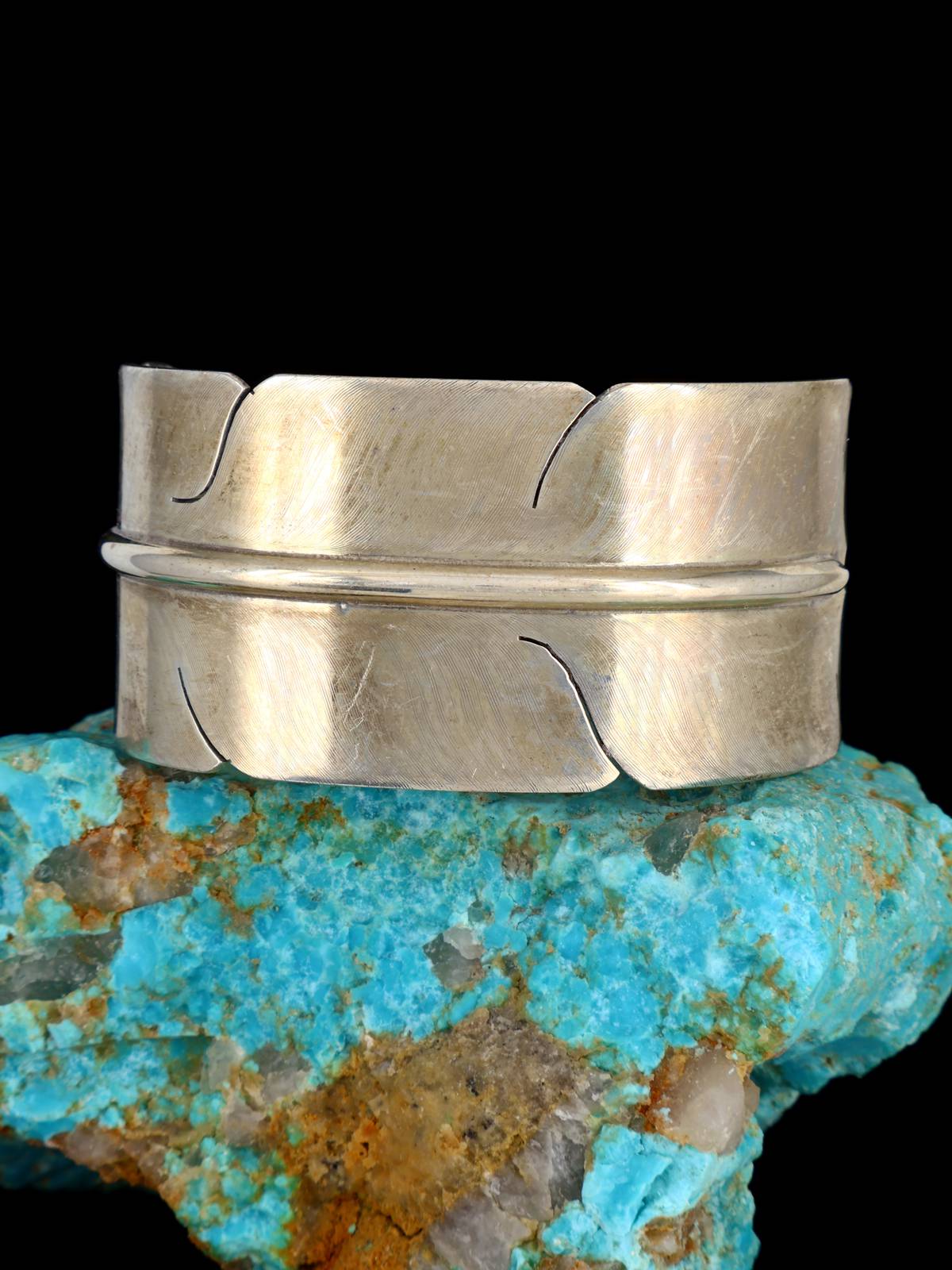Estate Isleta Pueblo Sterling Silver Feather Cuff Bracelet
