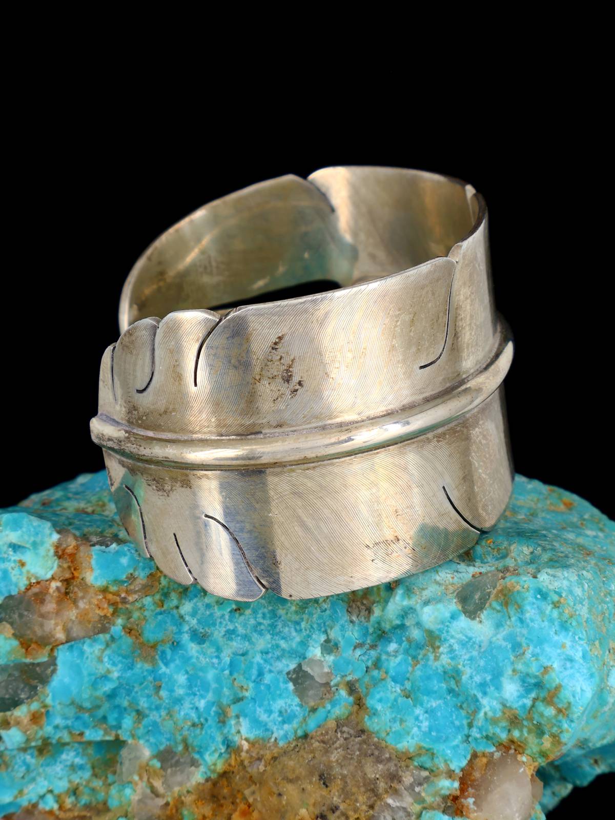 Estate Isleta Pueblo Sterling Silver Feather Cuff Bracelet