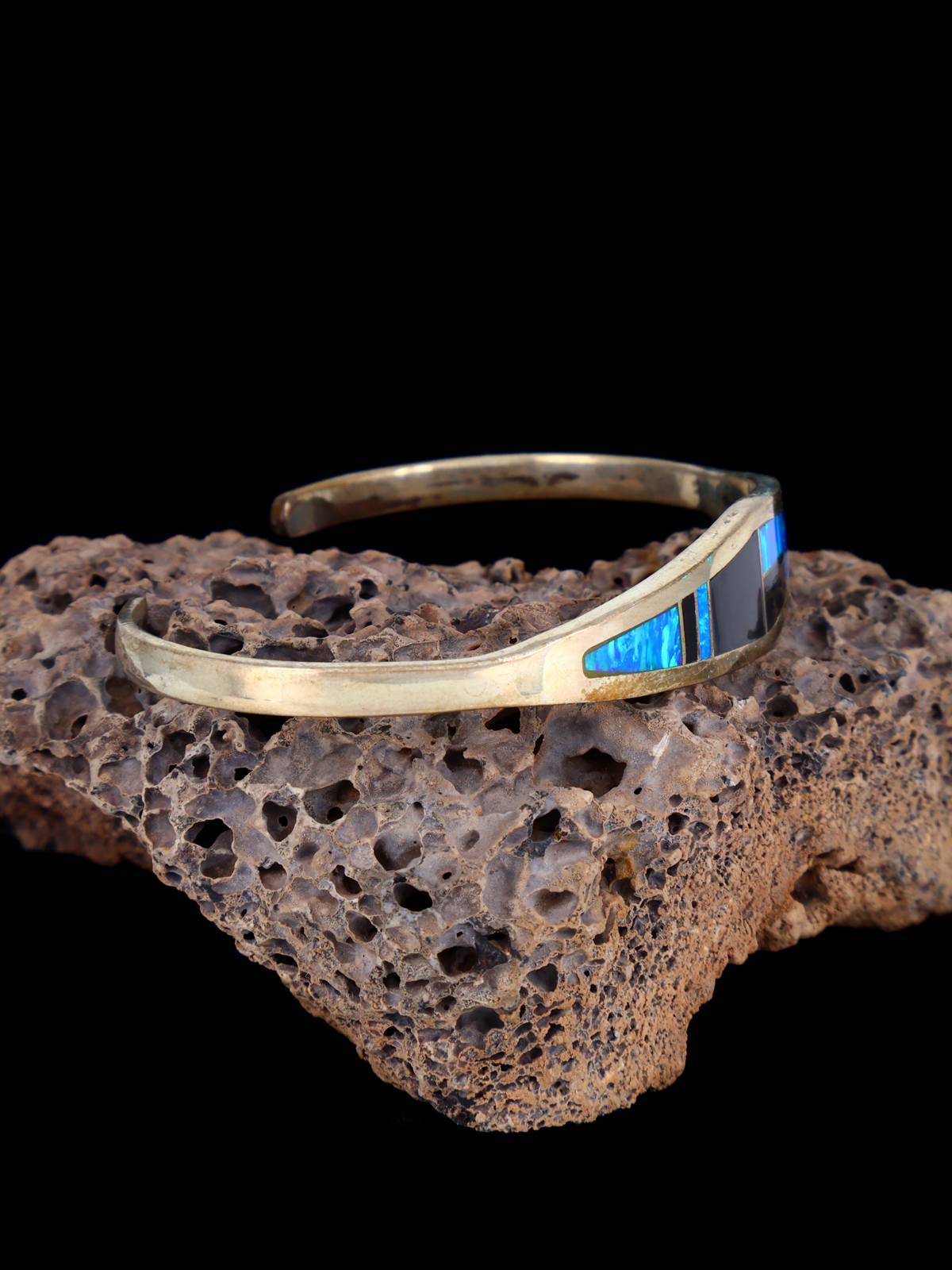 Estate Sterling Silver Opal and Jet Inlay Cuff Bracelet