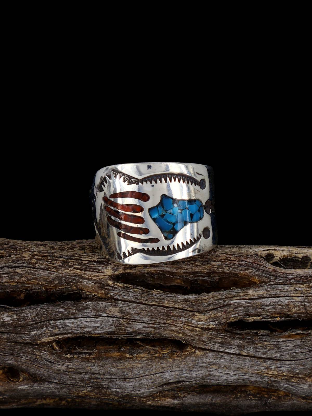 Old Native Coral and Turquoise Chip Inlay Sterling Silver Ring, Size 7 1/2 - PuebloDirect.com