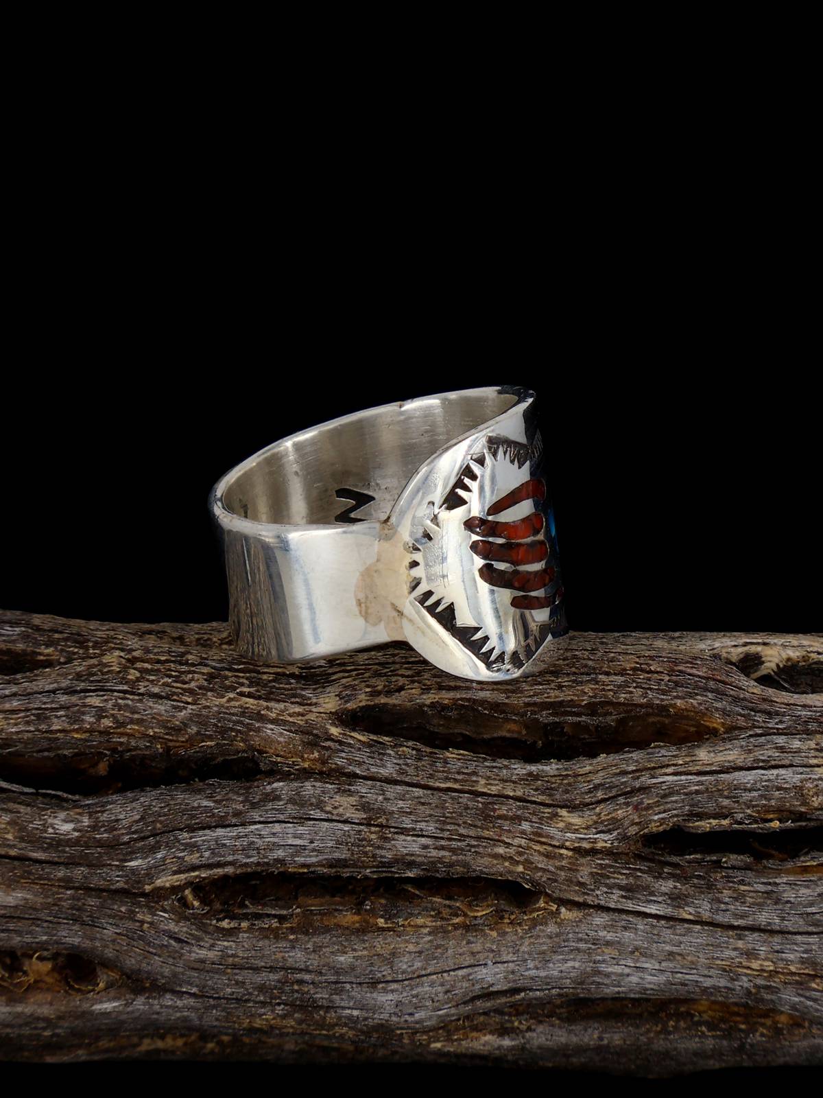 Old Native Coral and Turquoise Chip Inlay Sterling Silver Ring, Size 7 1/2 - PuebloDirect.com