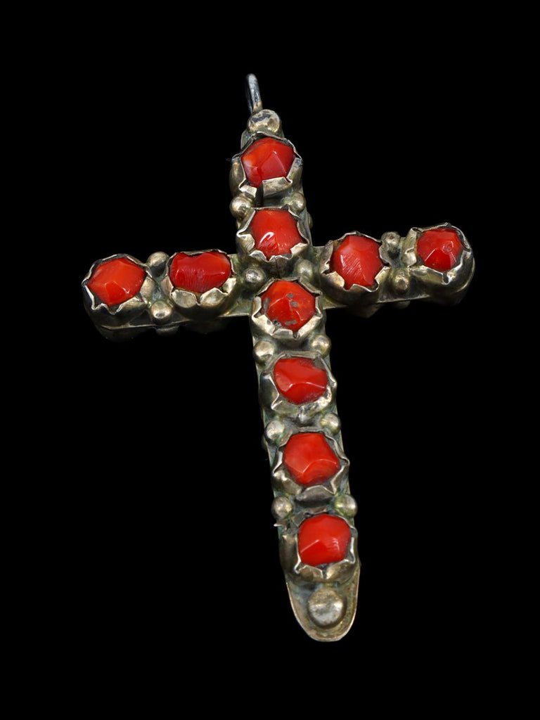 Vintage Native American Coral and Turquoise Cross Pendant - PuebloDirect.com