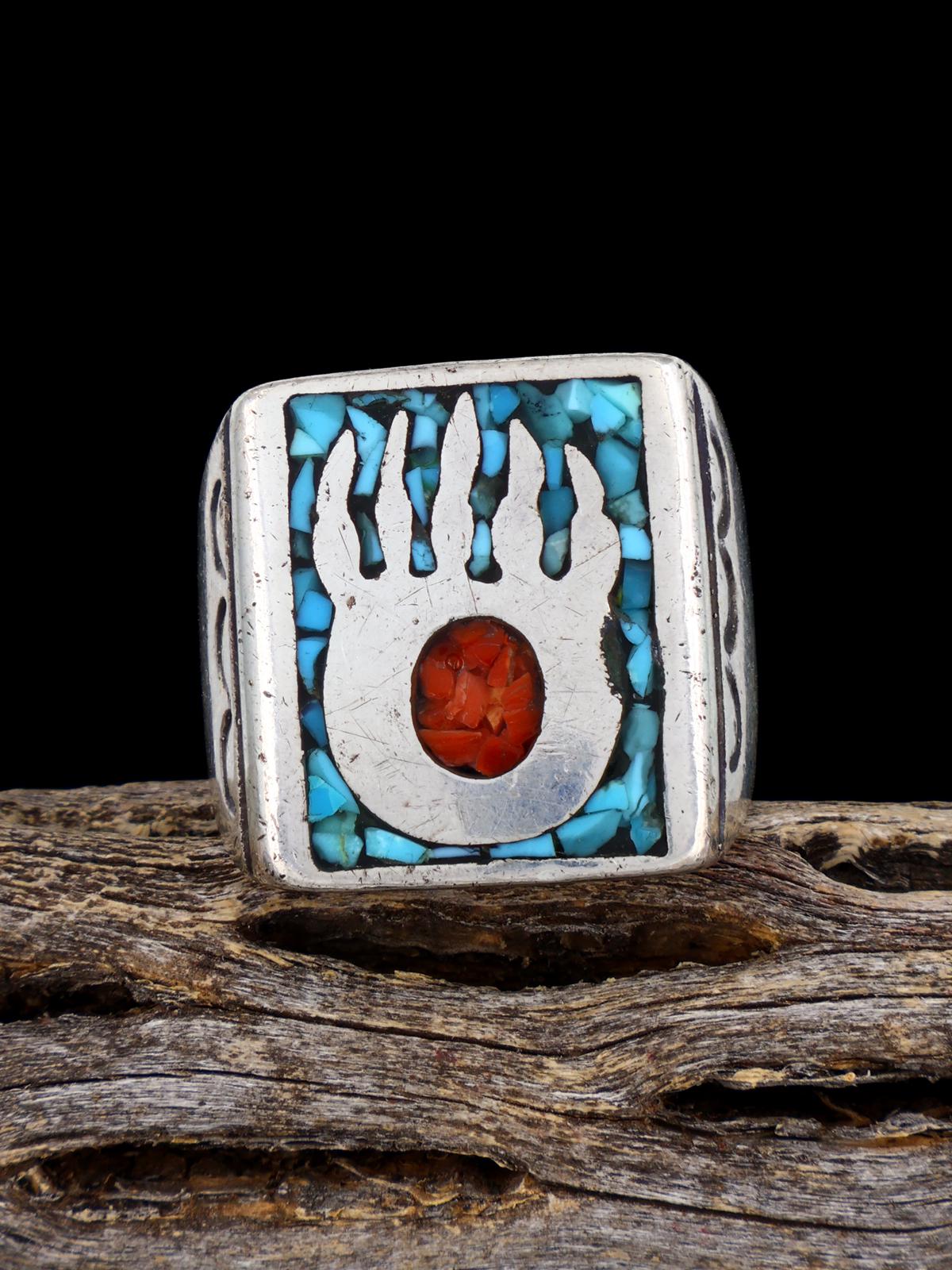 Estate Sterling Silver Turquoise and Coral Chip Inlay Ring, Size 10