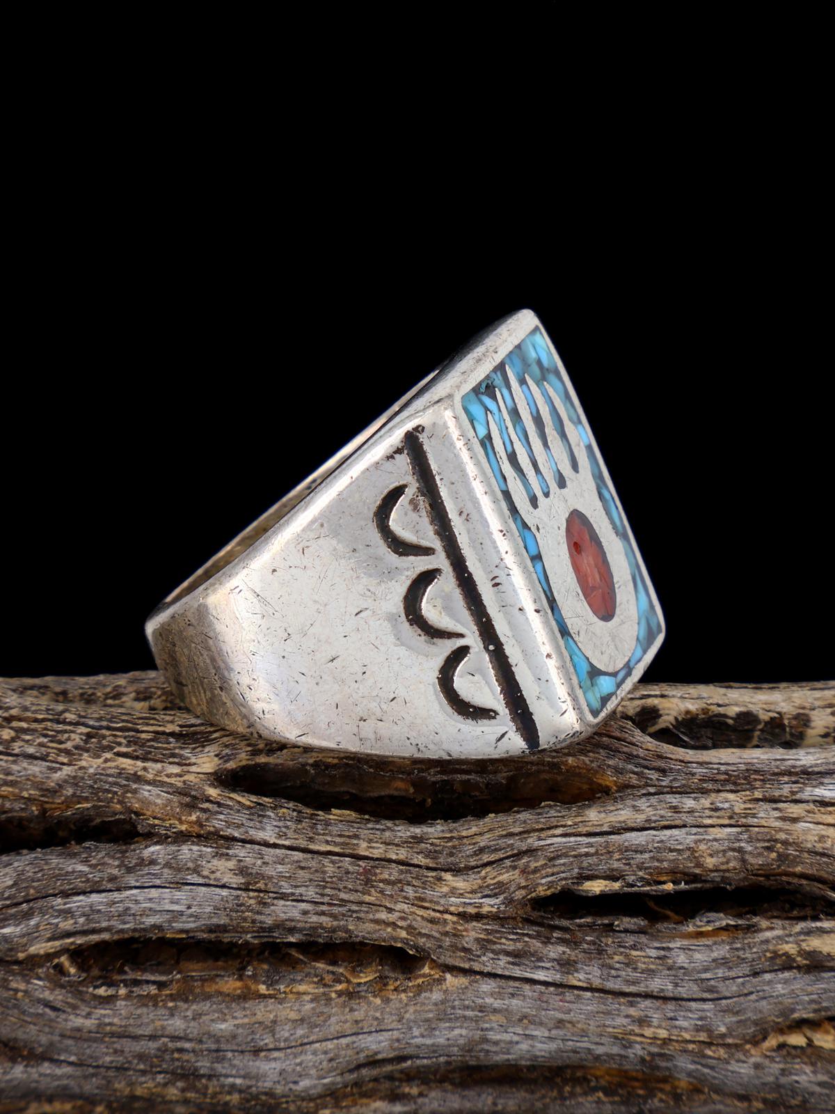 Estate Sterling Silver Turquoise and Coral Chip Inlay Ring, Size 10