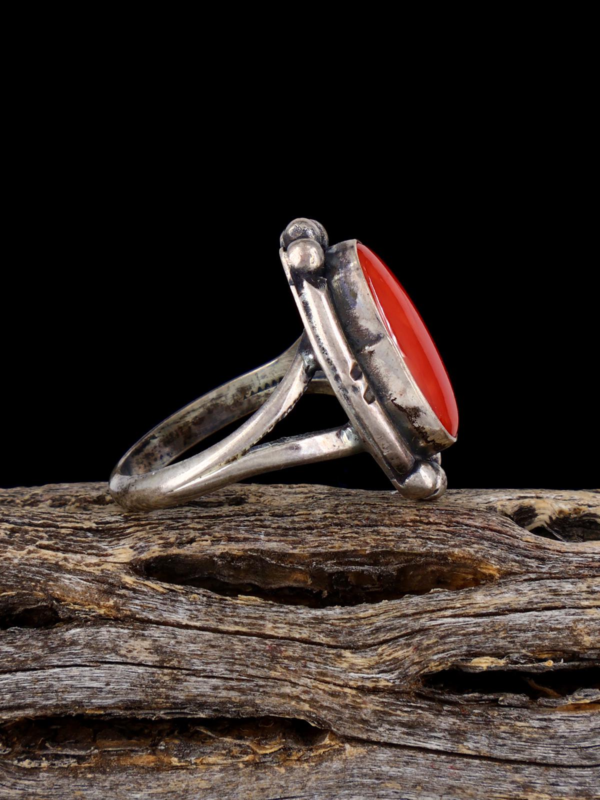 Estate Old Sterling Silver Coral Ring, Size 5