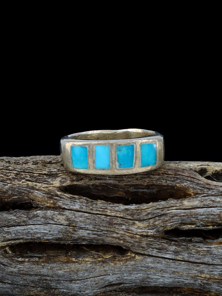 Estate Sterling Silver Zuni Turquoise Inlay Ring, Size 4 - PuebloDirect.com