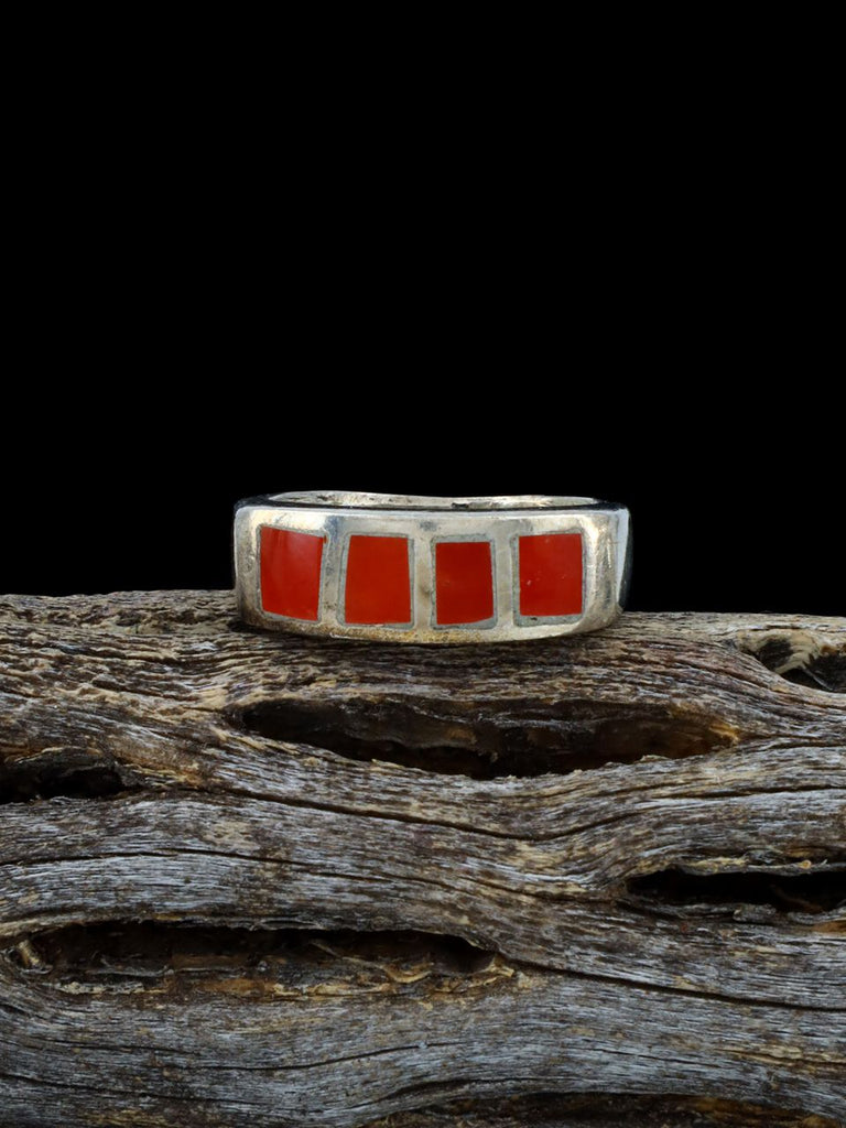 Vintage Sterling Silver Zuni Coral Inlay Ring, Size 4 - PuebloDirect.com