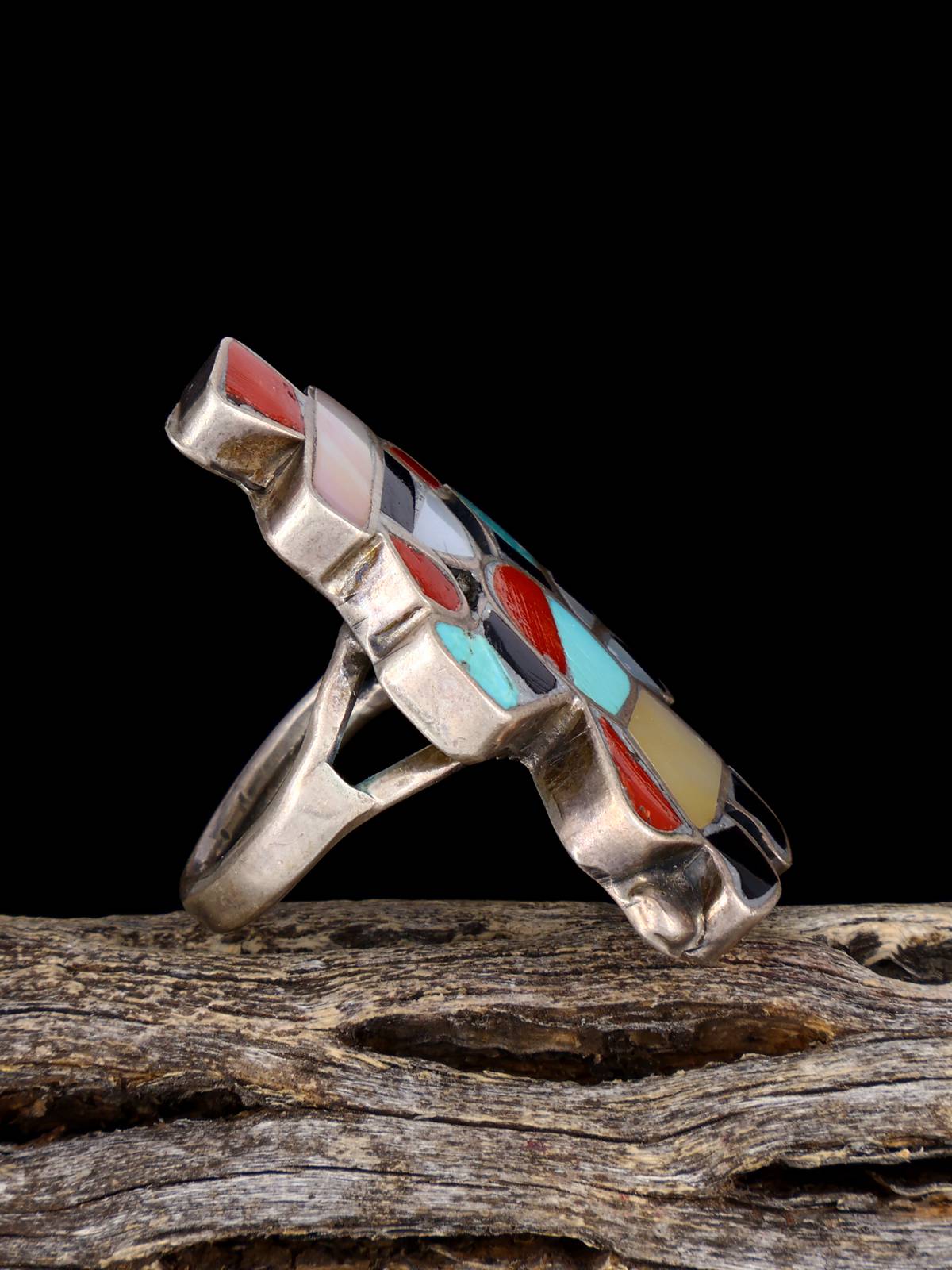 Vintage Sterling Silver Multistone Rainbow Man Zuni Inlay Ring, Size 5 - PuebloDirect.com