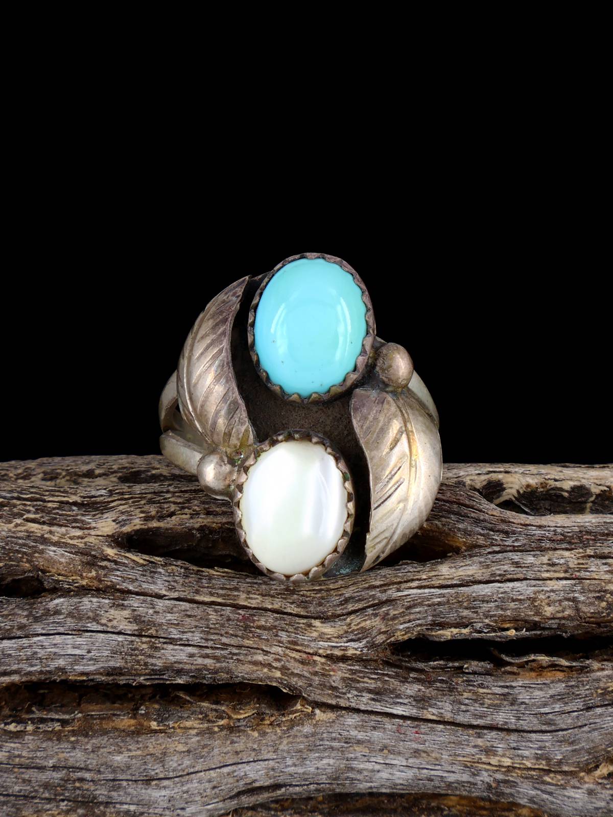 Old Sterling Silver Mother of Pearl and Turquoise Ring, Size 6 - PuebloDirect.com