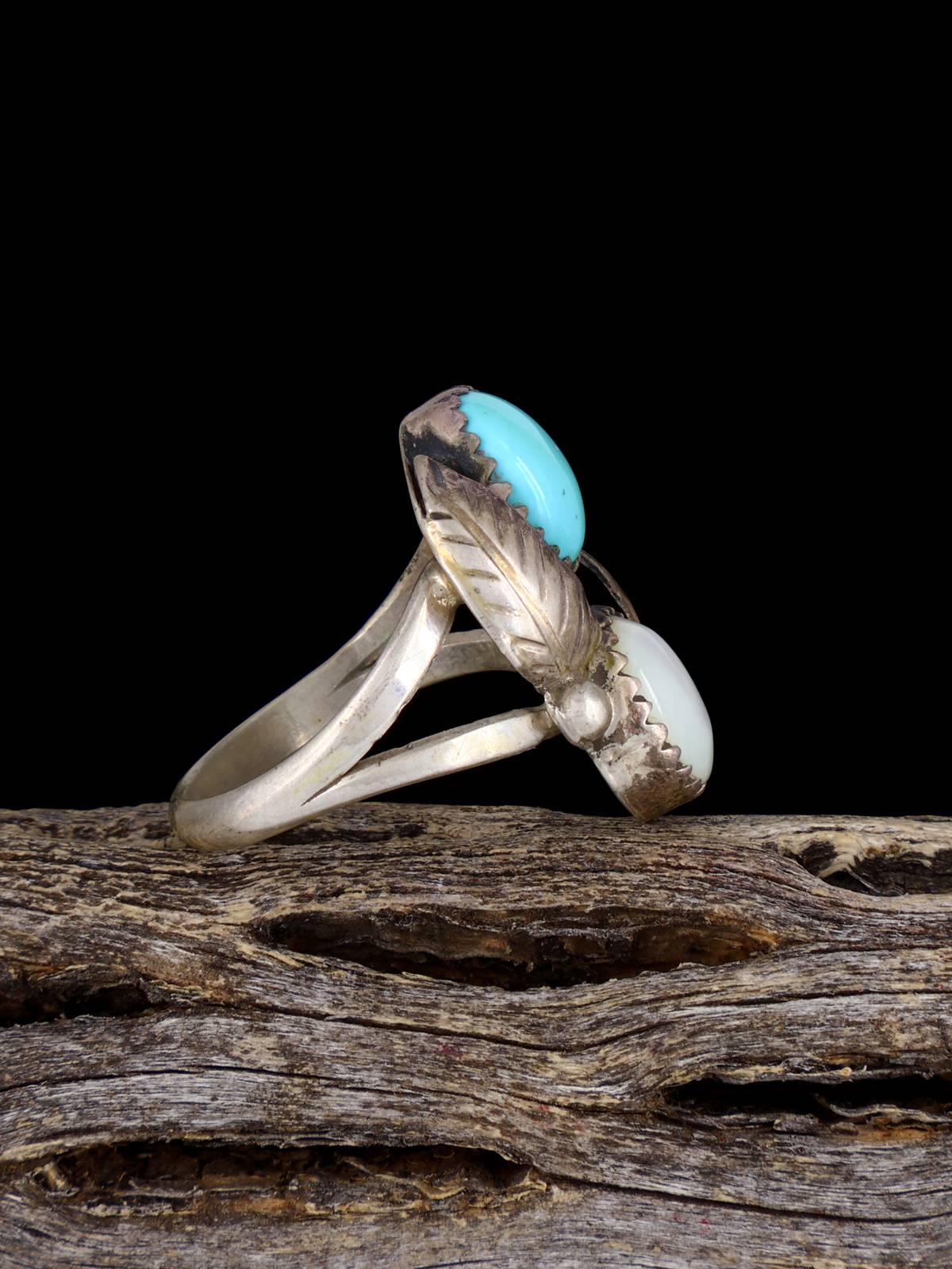 Old Sterling Silver Mother of Pearl and Turquoise Ring, Size 6 - PuebloDirect.com