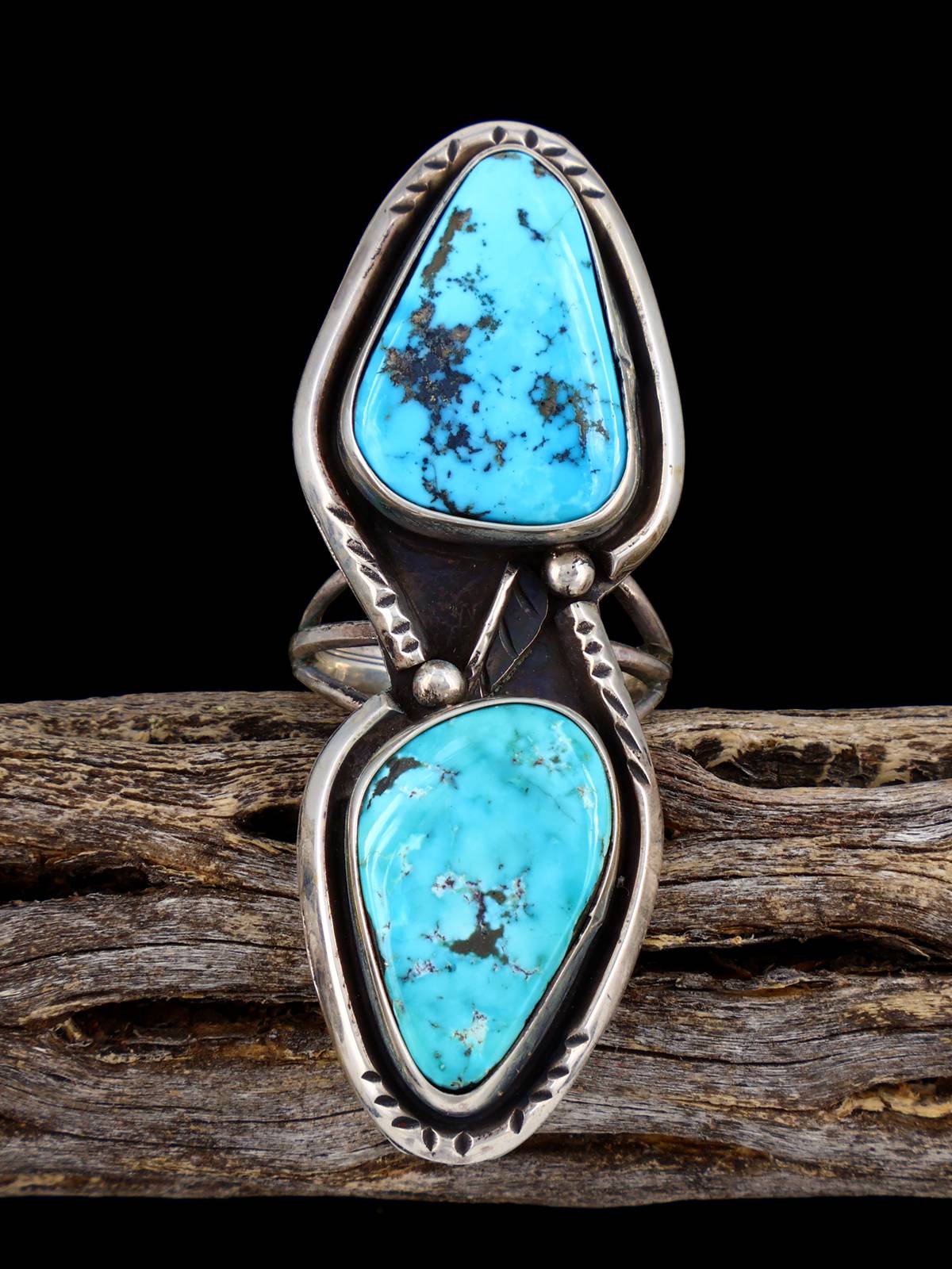 Estate Native American Two Stone Turquoise Sterling Silver Ring, Size 7