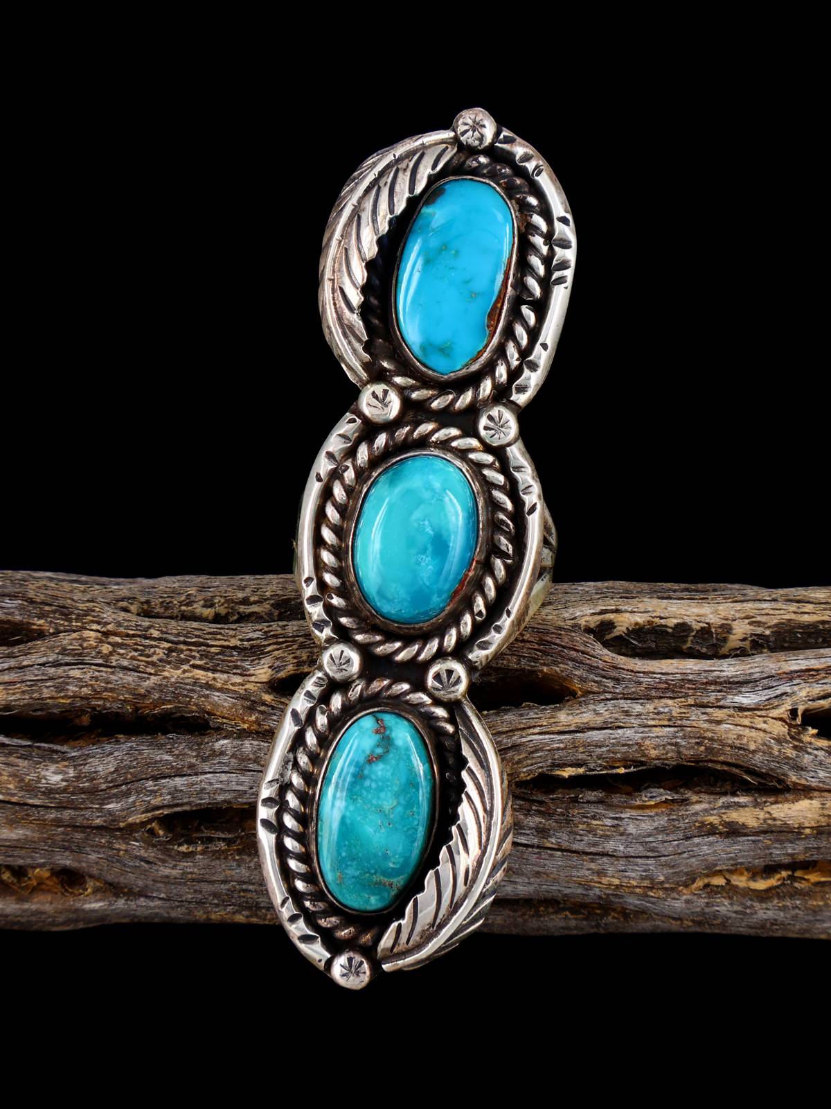 Estate Native American Three Stone Turquoise Sterling Silver Ring, Size 6