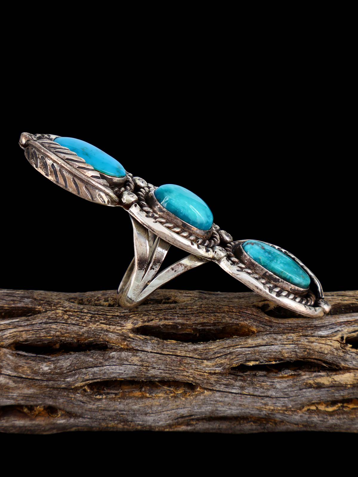 Estate Native American Three Stone Turquoise Sterling Silver Ring, Size 6