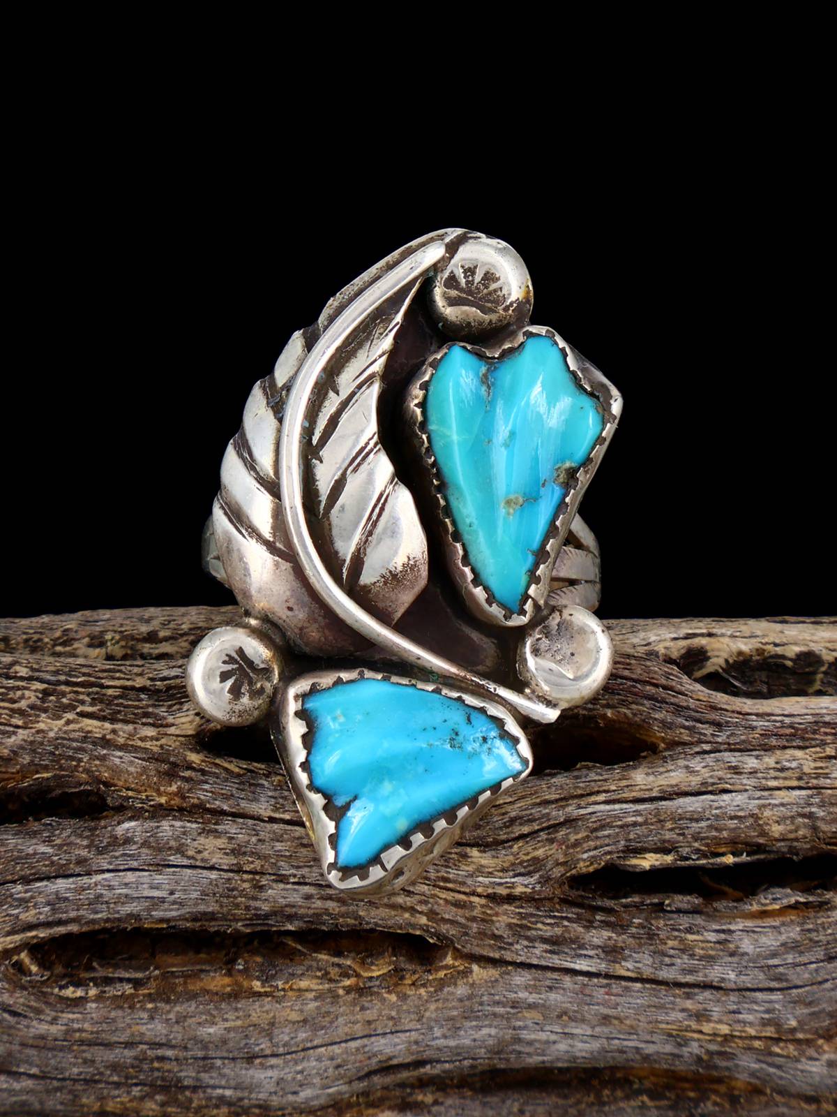 Vintage Native American Carved Turquoise Sterling Silver Ring, Size 7 3/4