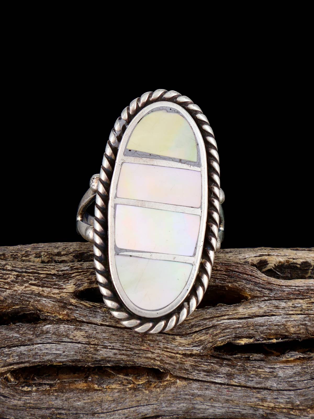 Estate Sterling Silver Gold Lip Mother of Pearl Inlay Ring, Size 6 1/4
