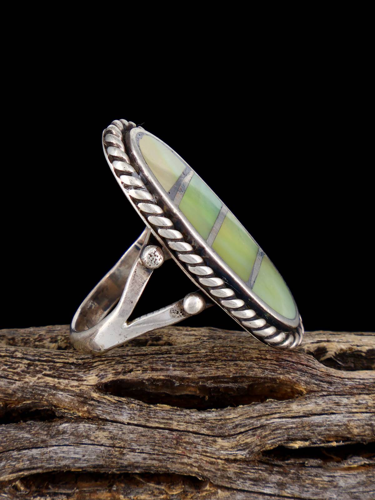 Estate Sterling Silver Gold Lip Mother of Pearl Inlay Ring, Size 6 1/4